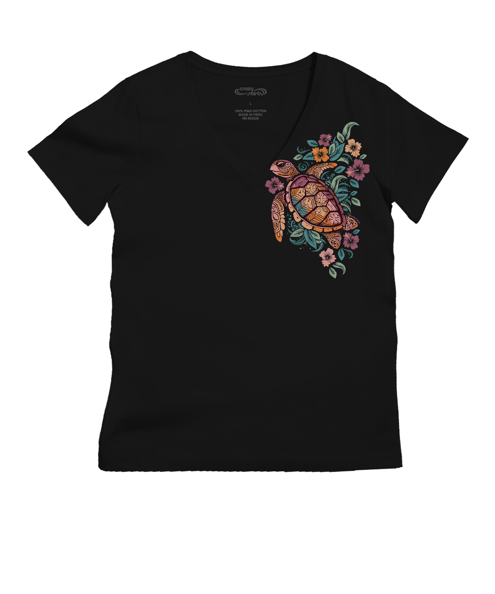 Tropical Floral Turtle - Jet Black Short Sleeve Pima V-Neck T-Shirt