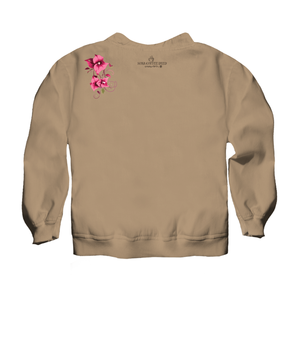 Beige sweatshirt with pink floral design on the back left shoulder against a white background View 4