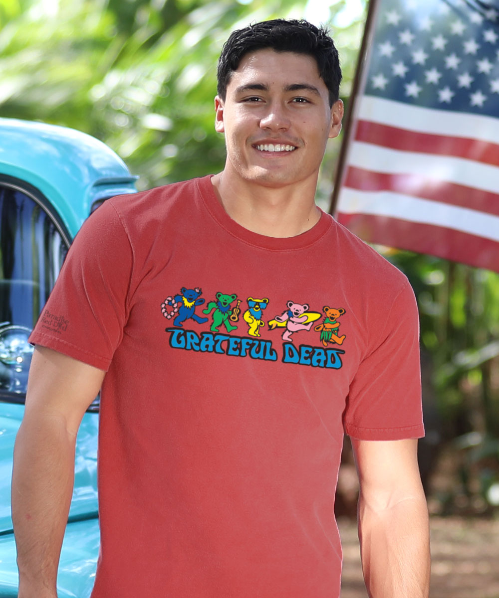 Man wearing a Maroon t-shirt with colorful bear graphics going across the chest. View 3
