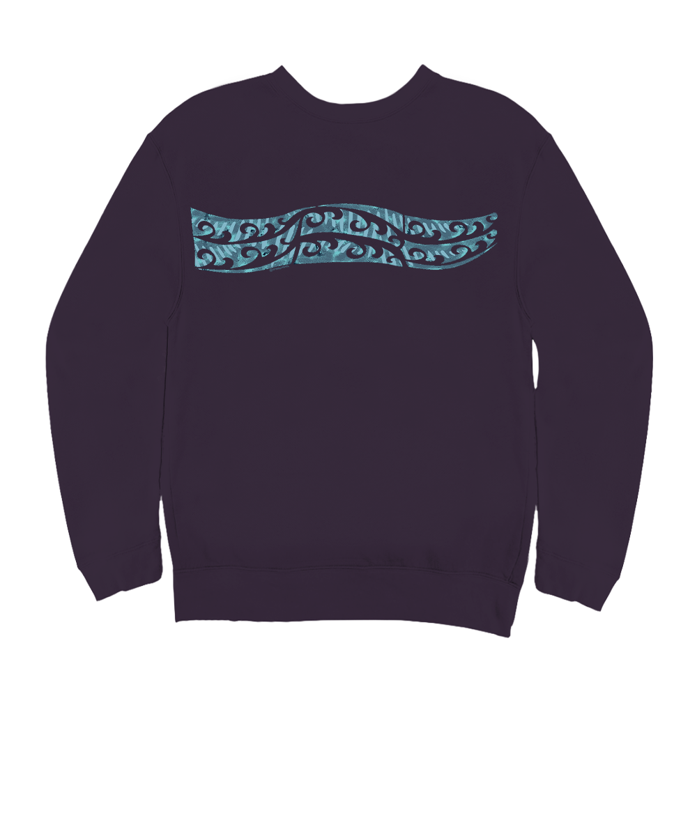 Purple sweatshirt with a blue tribal pattern on the chest against a white background View 4