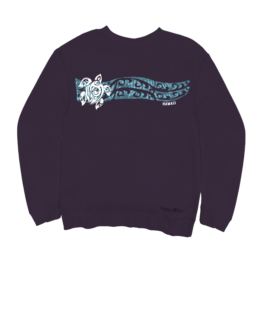 Purple long-sleeve shirt with blue and white graphic design on a white background View 1