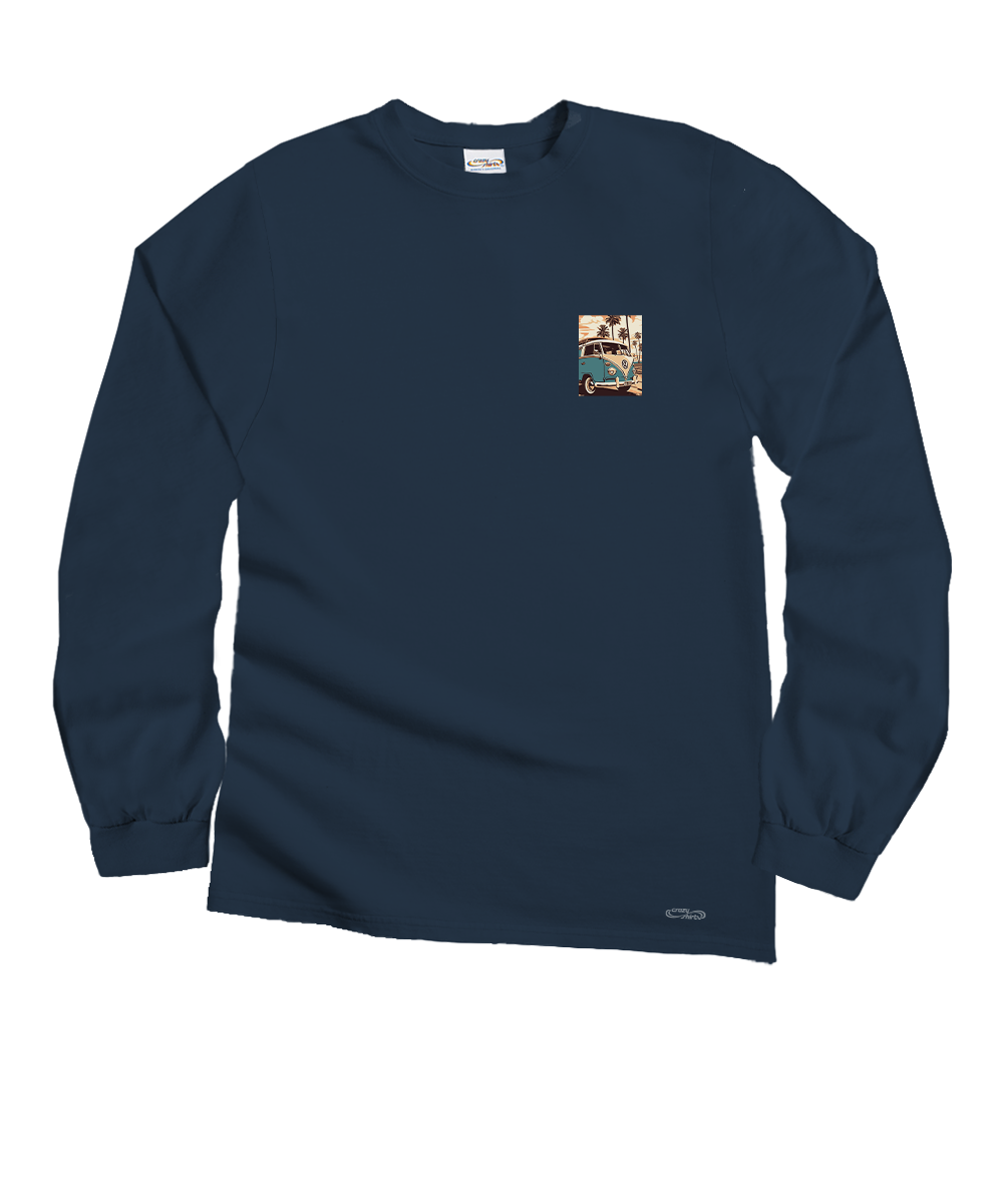 Volkswagen Vintage Beach Bus - Navy Long Sleeve Crewneck T-Shirt