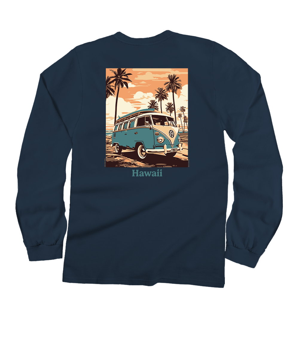 Volkswagen Vintage Beach Bus - Navy Long Sleeve Crewneck T-Shirt