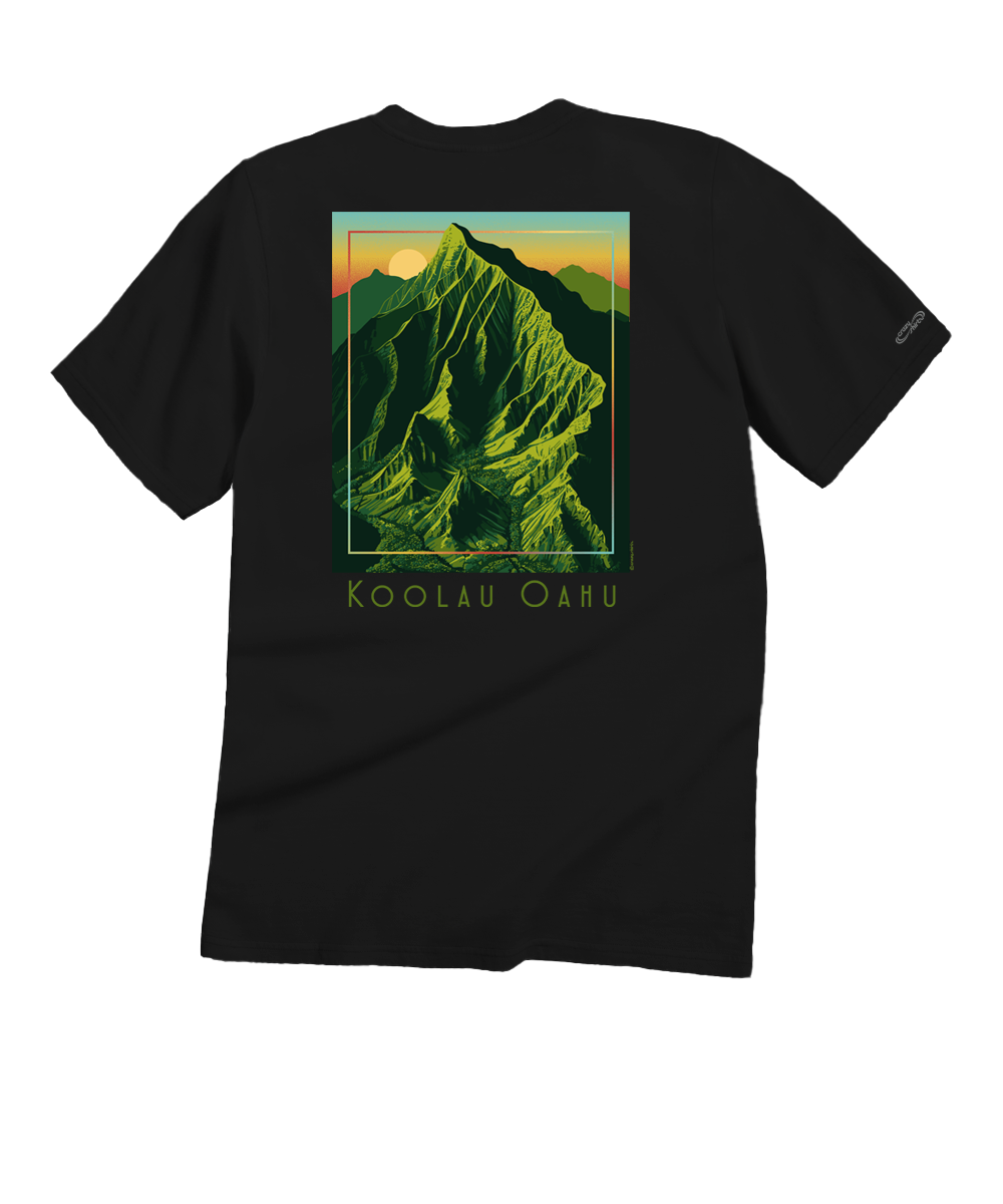 Black t-shirt with a mountain graphic and 'Koolau Oahu' text on a white background View 1