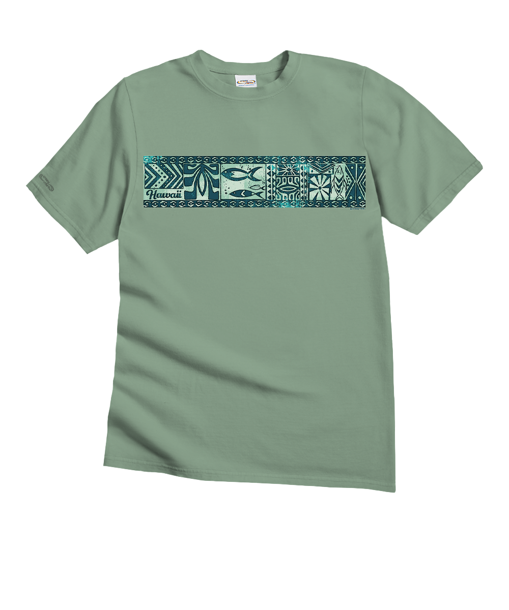 Green t-shirt with a blue and green graphic on a white background View 1