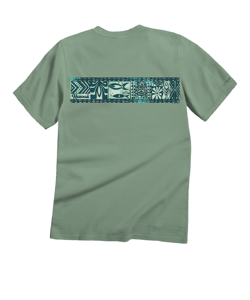 Green t-shirt with a blue graphic on the back against a white background View 4