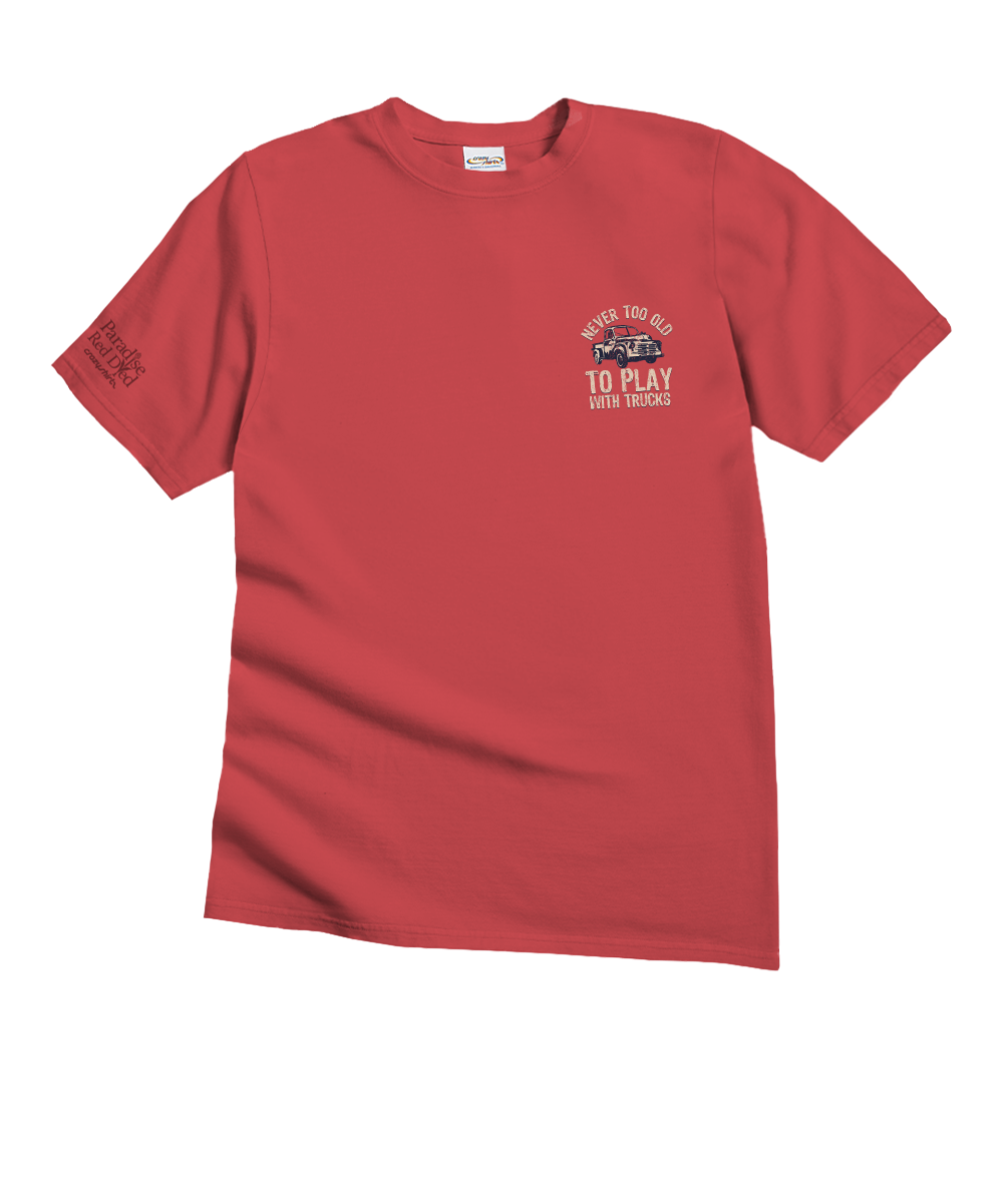 Maroon t-shirt with a small graphic logo on a white background View 4