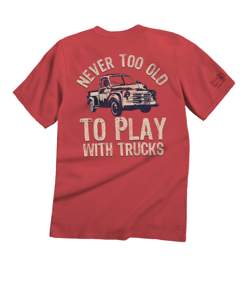Maroon t-shirt with graphic of a truck and text on the back, on a white background View 1