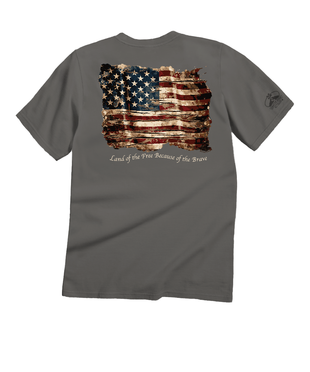 Gray t-shirt with American flag design and text on a white background View 1