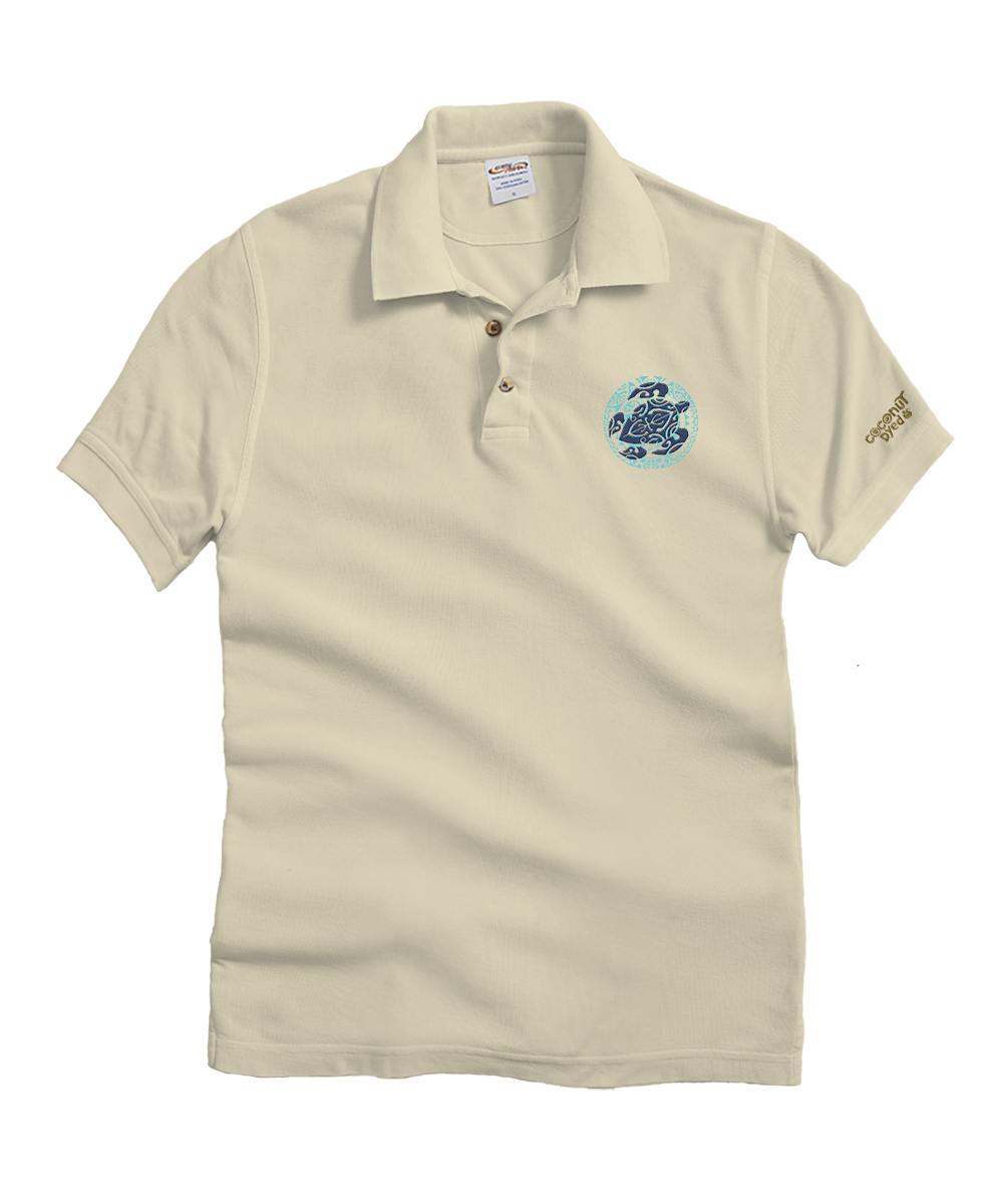 Beige polo shirt with a logo on a white background View 1