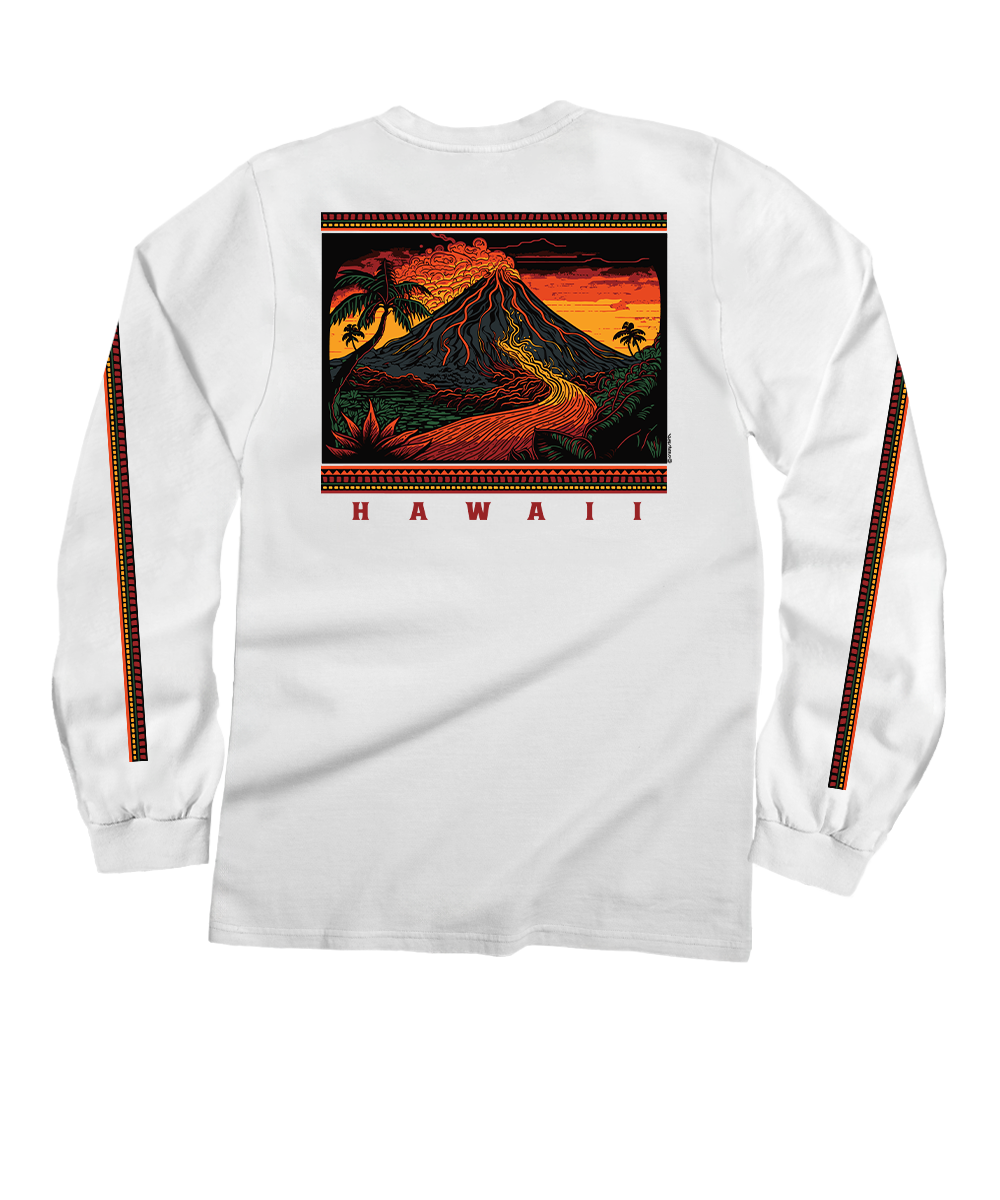 Volcano Scenic T-Shirt | Men's White Long Sleeve Crewneck