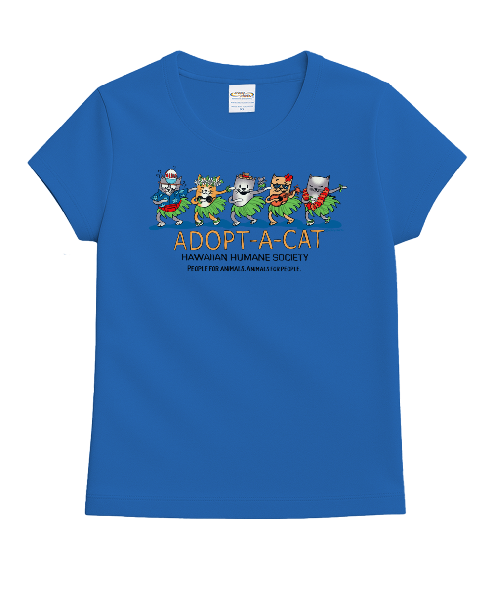 Adopt A Cat Meow Halau T-Shirt Women's Blue Hawaii Dyed Tee