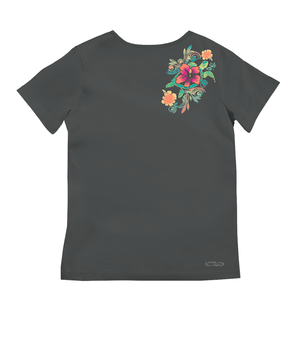A grey shirt with a colorful small floral and turtle design on the back upper right shoulder area. View 4