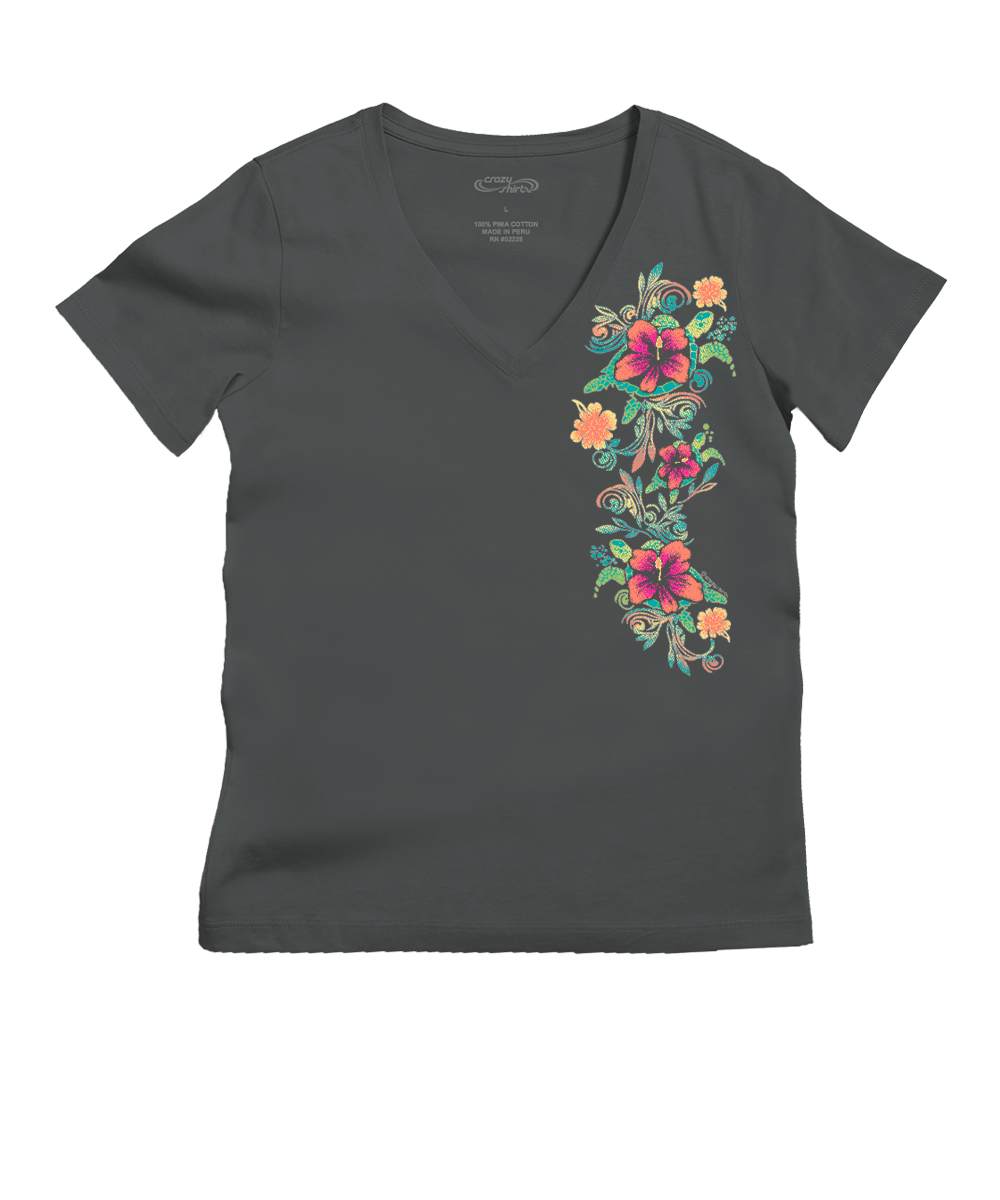 Dark gray t-shirt with colorful floral design on a white background View 1