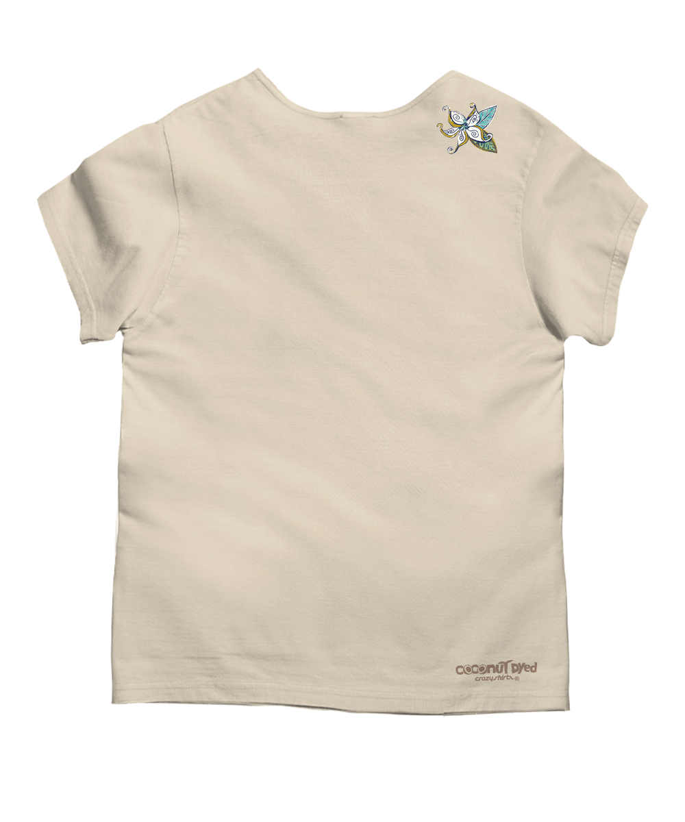 A beige scoop neck t-shirt with a small floral design on the back shoulder on a white background. View 4