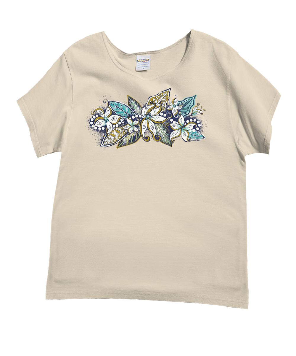 Beige t-shirt with a colorful floral design on a white background View 1