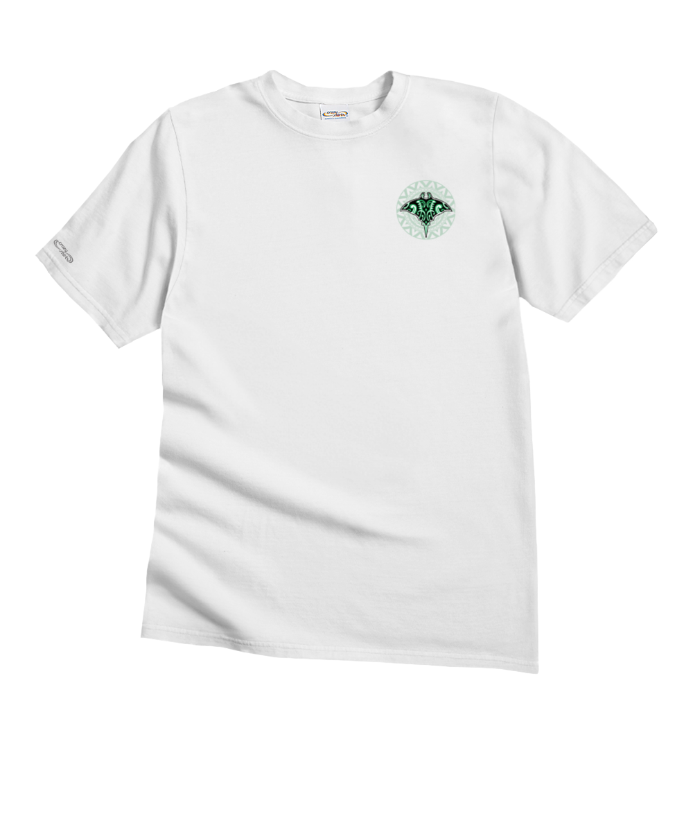 White t-shirt with a small green logo on a white background View 4