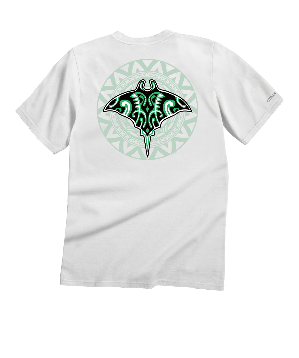 White t-shirt with green manta ray design on a white background View 1