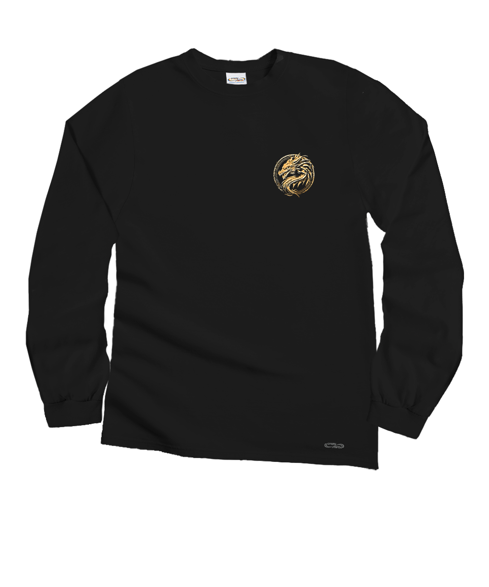 Black long-sleeve shirt with a gold logo on a white background View 4