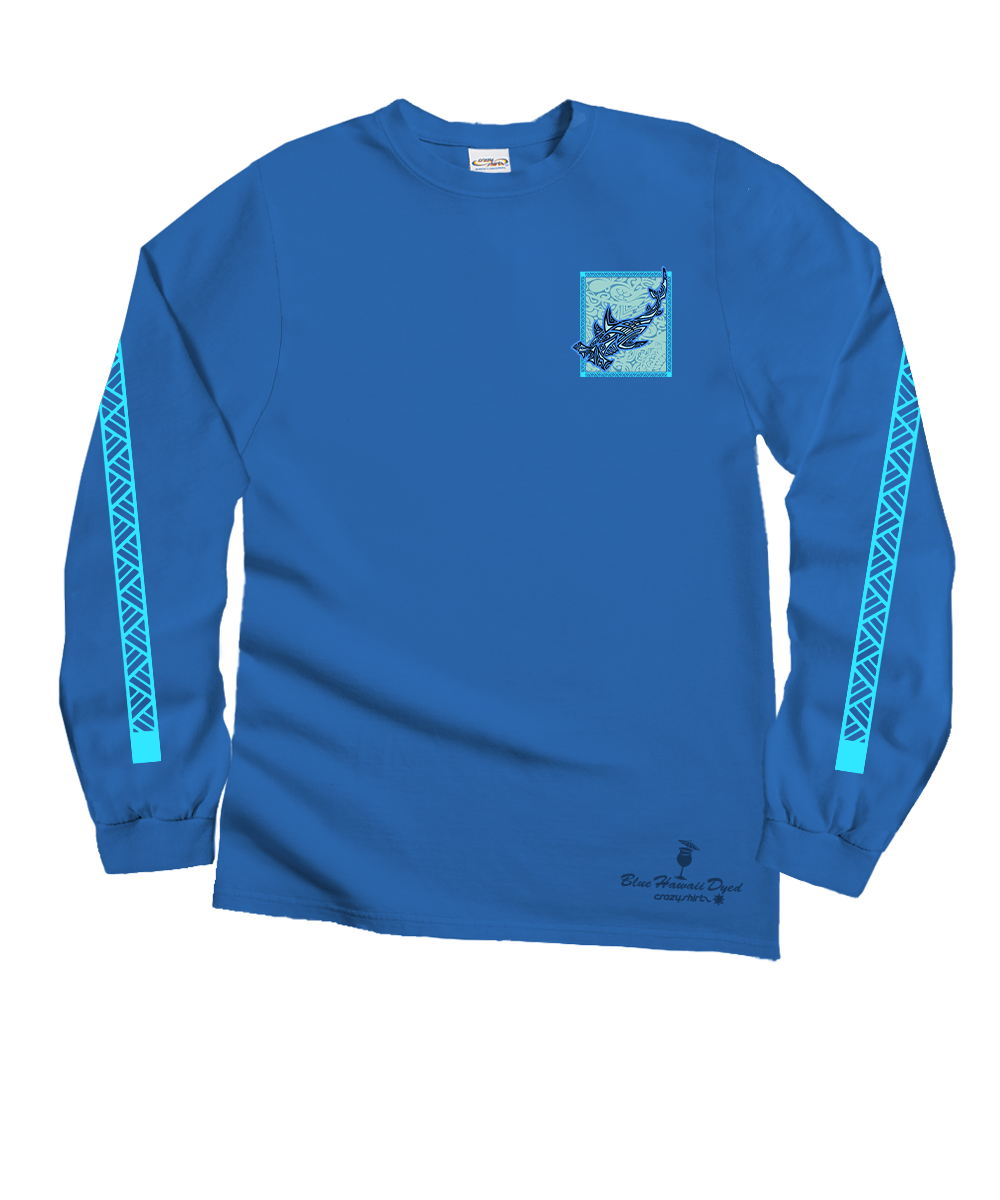 Blue long-sleeve shirt with a small tribal hammerhead shark graphic on white background View 4