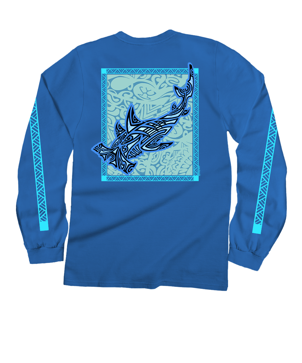 Blue long-sleeve shirt with a tribal hammerhead shark design on the back against a white background View 1