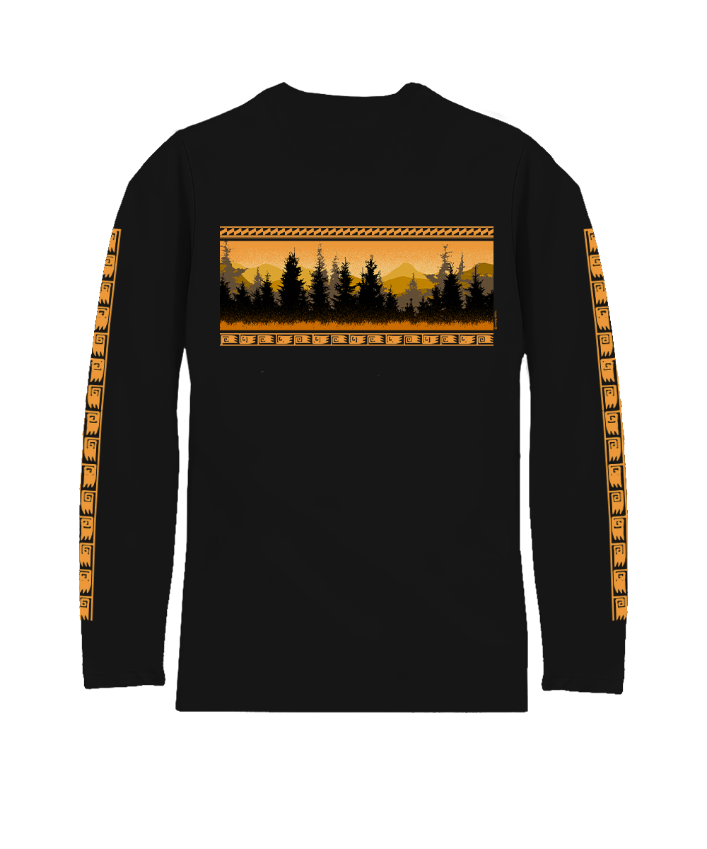 Black long-sleeve shirt with a nature-themed graphic on a white background View 1