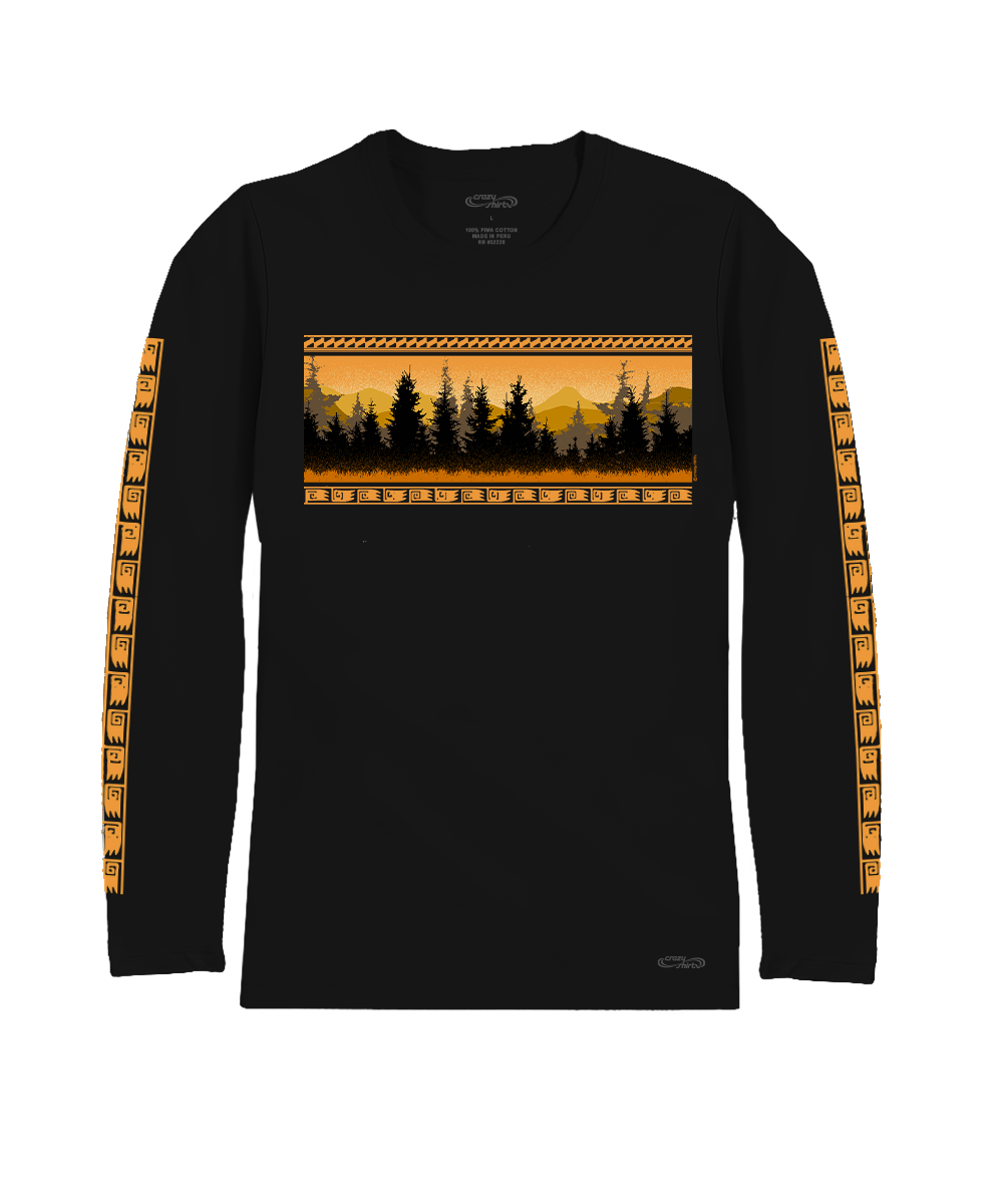 Black long-sleeve shirt with a nature-themed design on a white background View 4