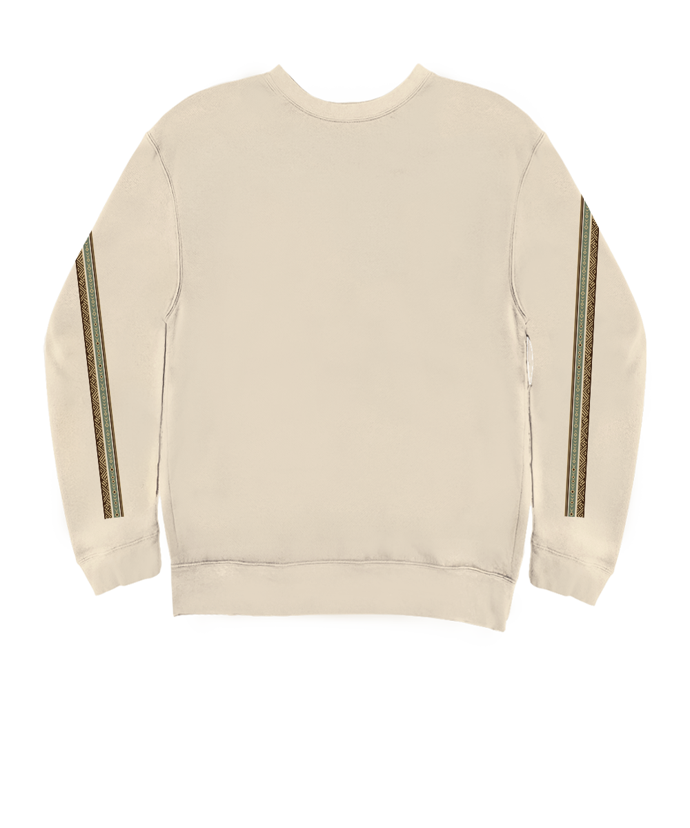 Beige sweatshirt with brown stripes on sleeves against a white background View 4
