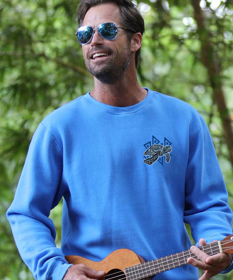 Man wearing a blue sweatshirt with a turtle design, holding a ukulele outdoors. View 2