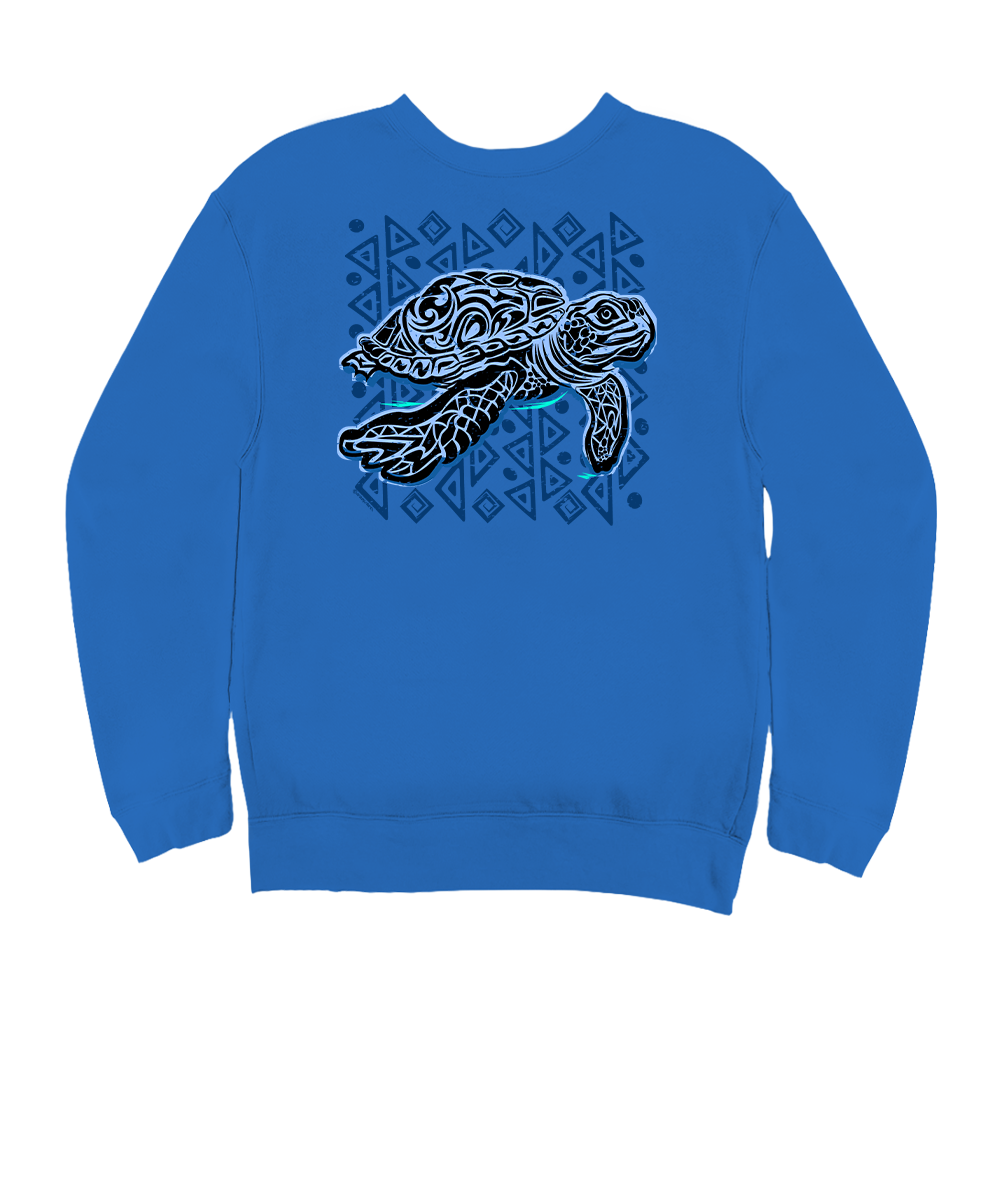 Blue sweatshirt with a turtle design on a white background View 1
