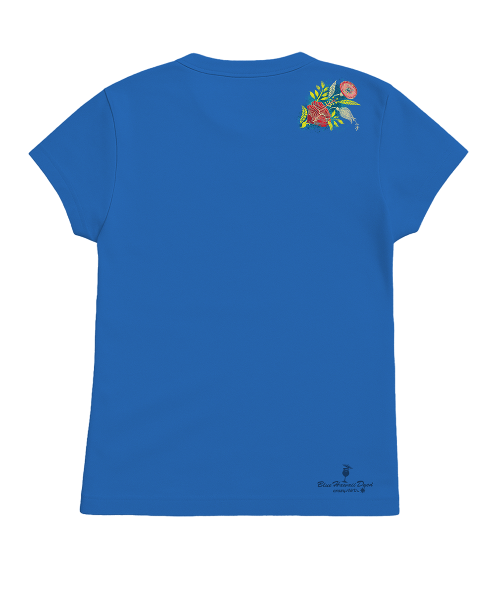 Blue t-shirt with colorful floral design on a white background View 4