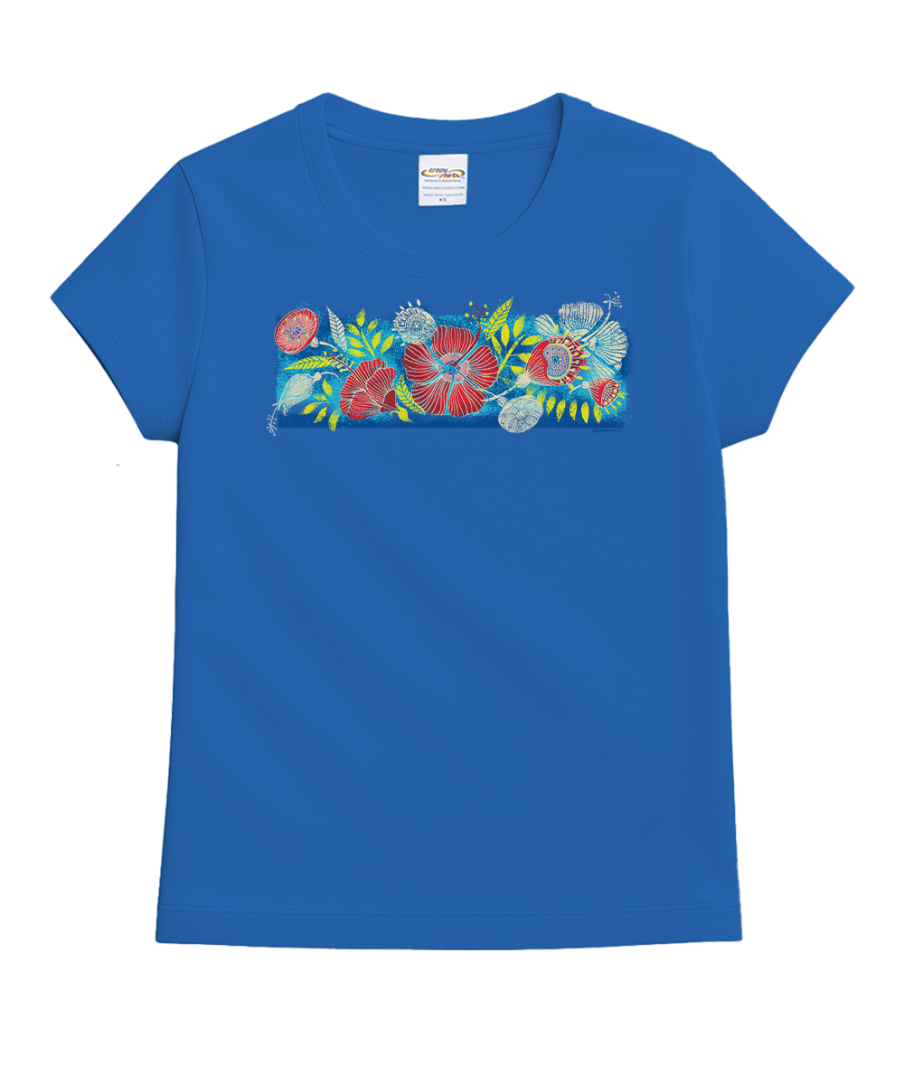 Blue t-shirt with colorful floral design on a white background View 1
