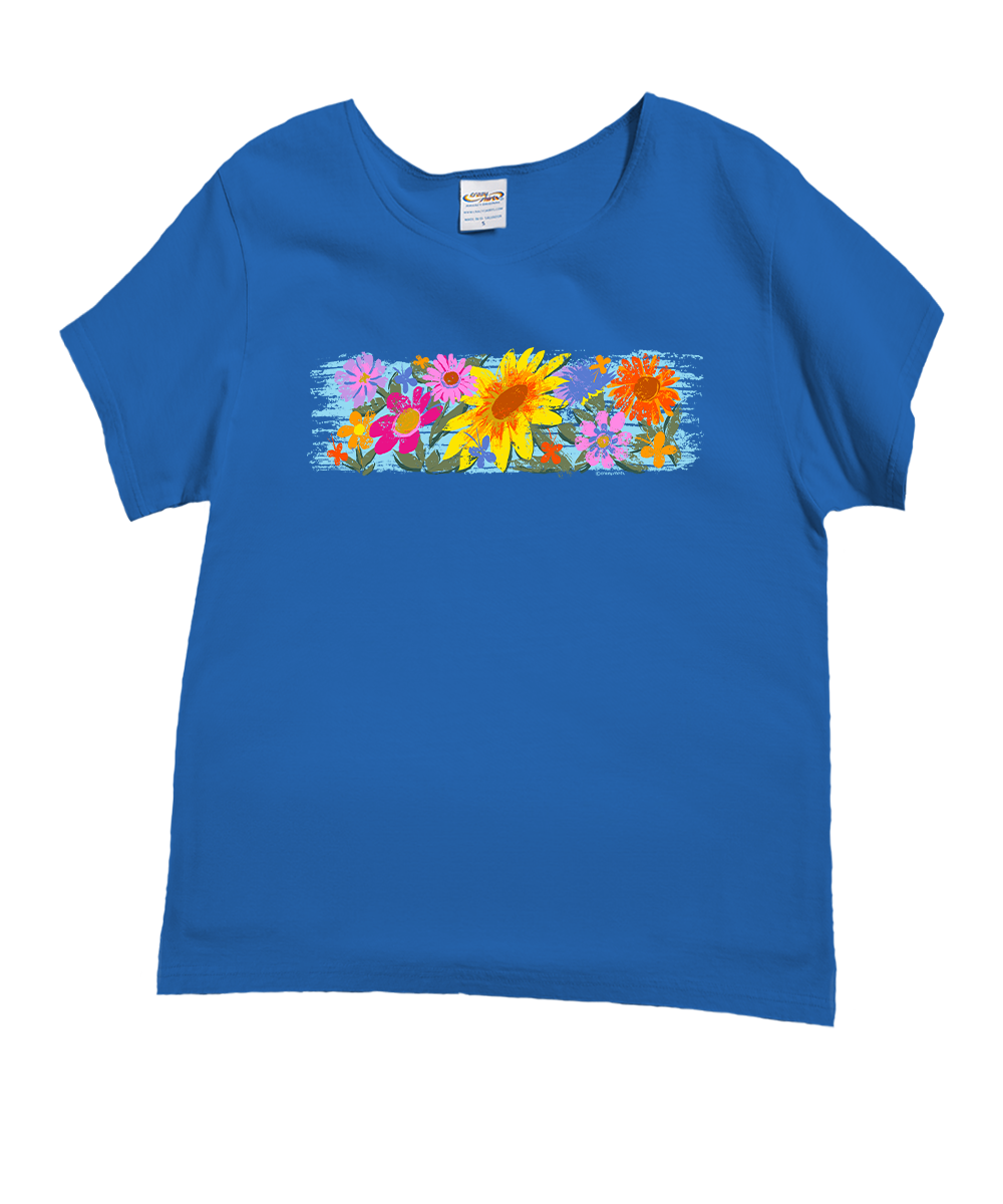 Blue t-shirt with a colorful floral design on a white background View 1