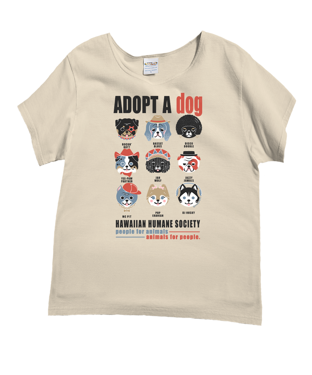 Beige t-shirt with 'Adopt a Dog' graphic featuring dog breeds and Hawaiian Humane Society text.