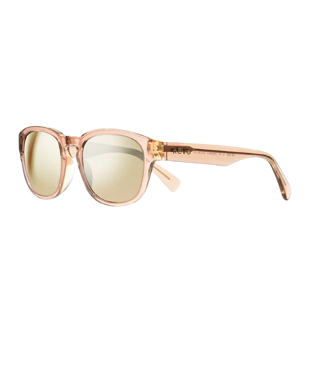 Sunglasses with rose gold frame and reflective lenses on a white background View 1