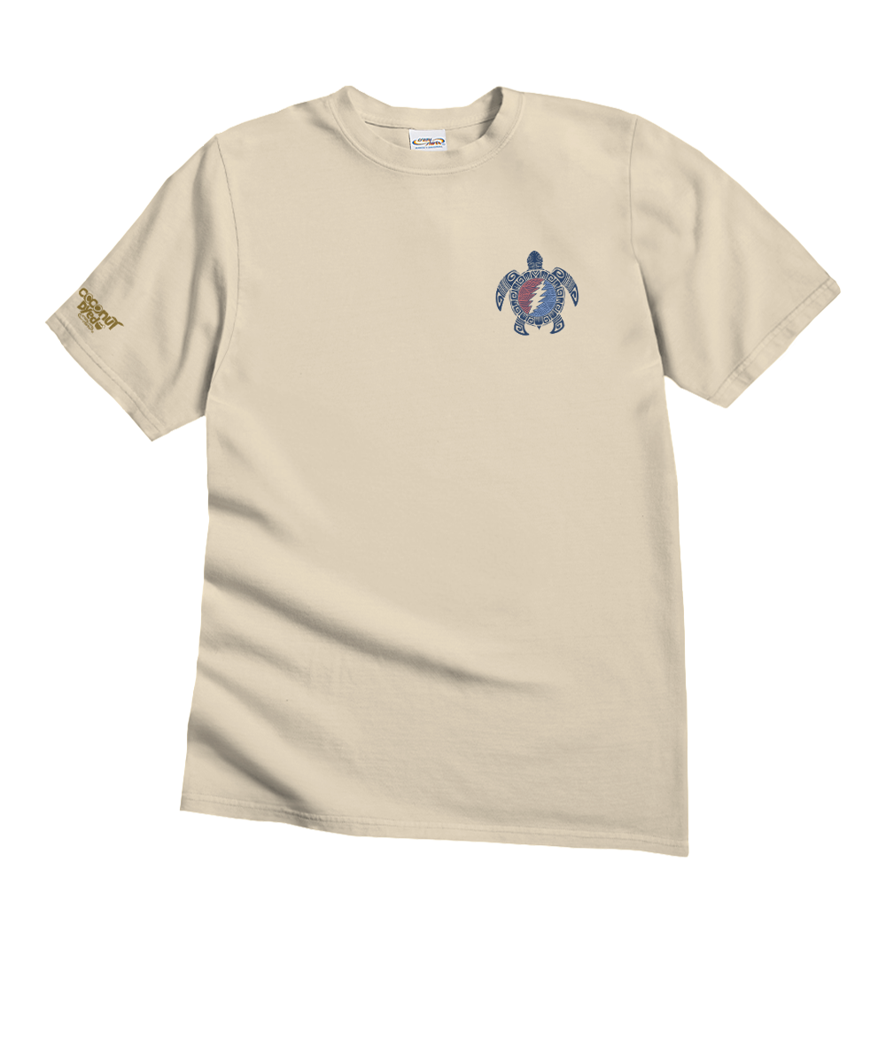 Beige t-shirt with a blue turtle graphic on a white background View 4