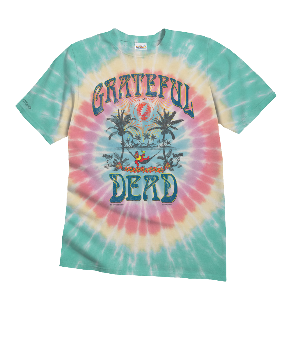 Tie-dye t-shirt with 'Grateful Dead' logo and palm tree design on a white background View 1