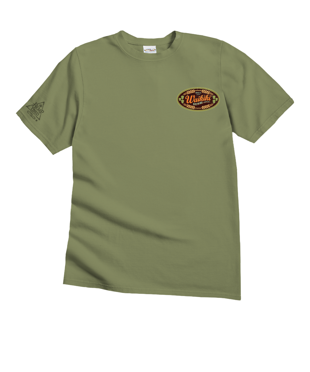 Olive green t-shirt with a patch on a white background View 4