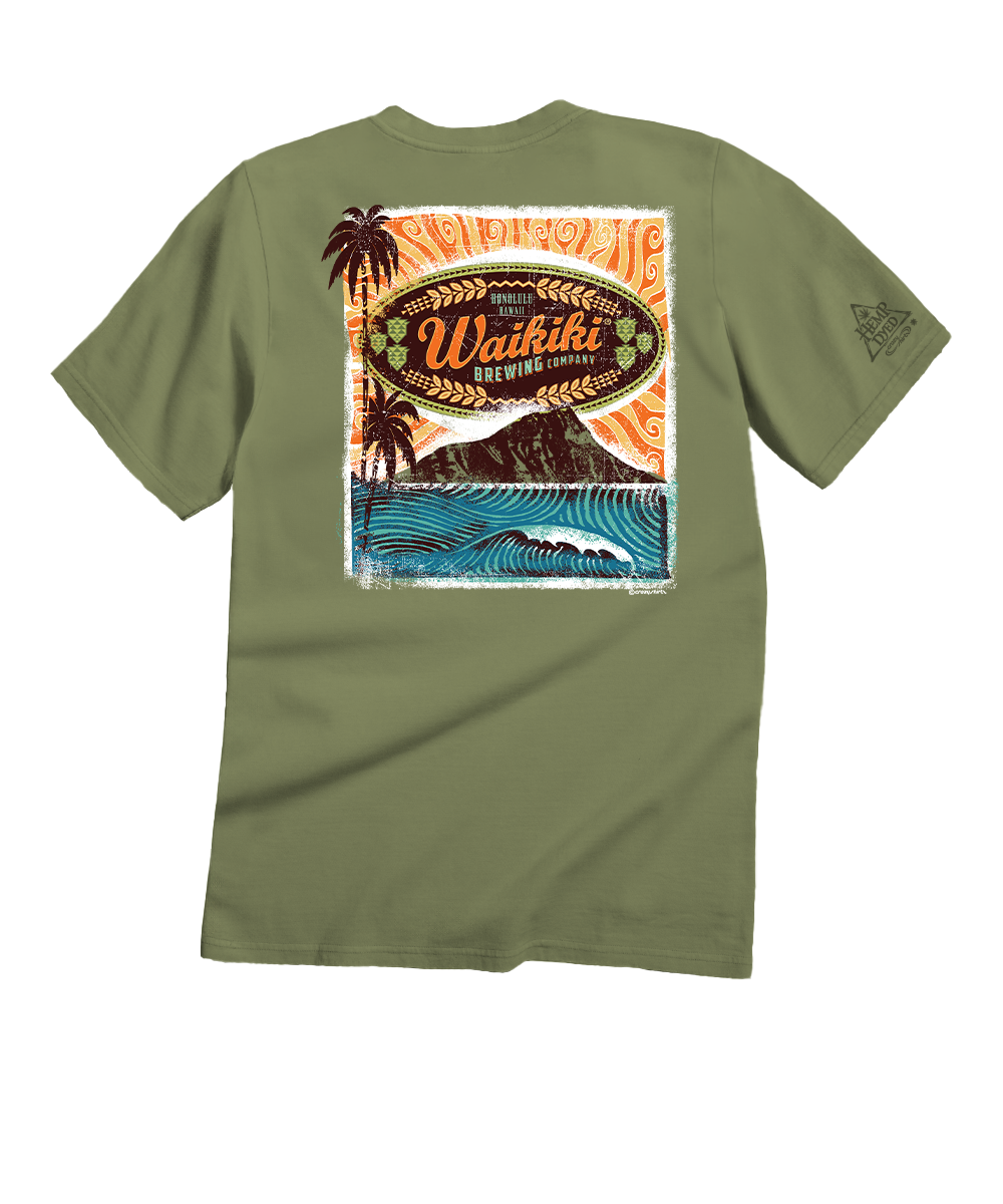 Green t-shirt with a colorful graphic on the back featuring palm trees and the word 'Waikiki'. View 1