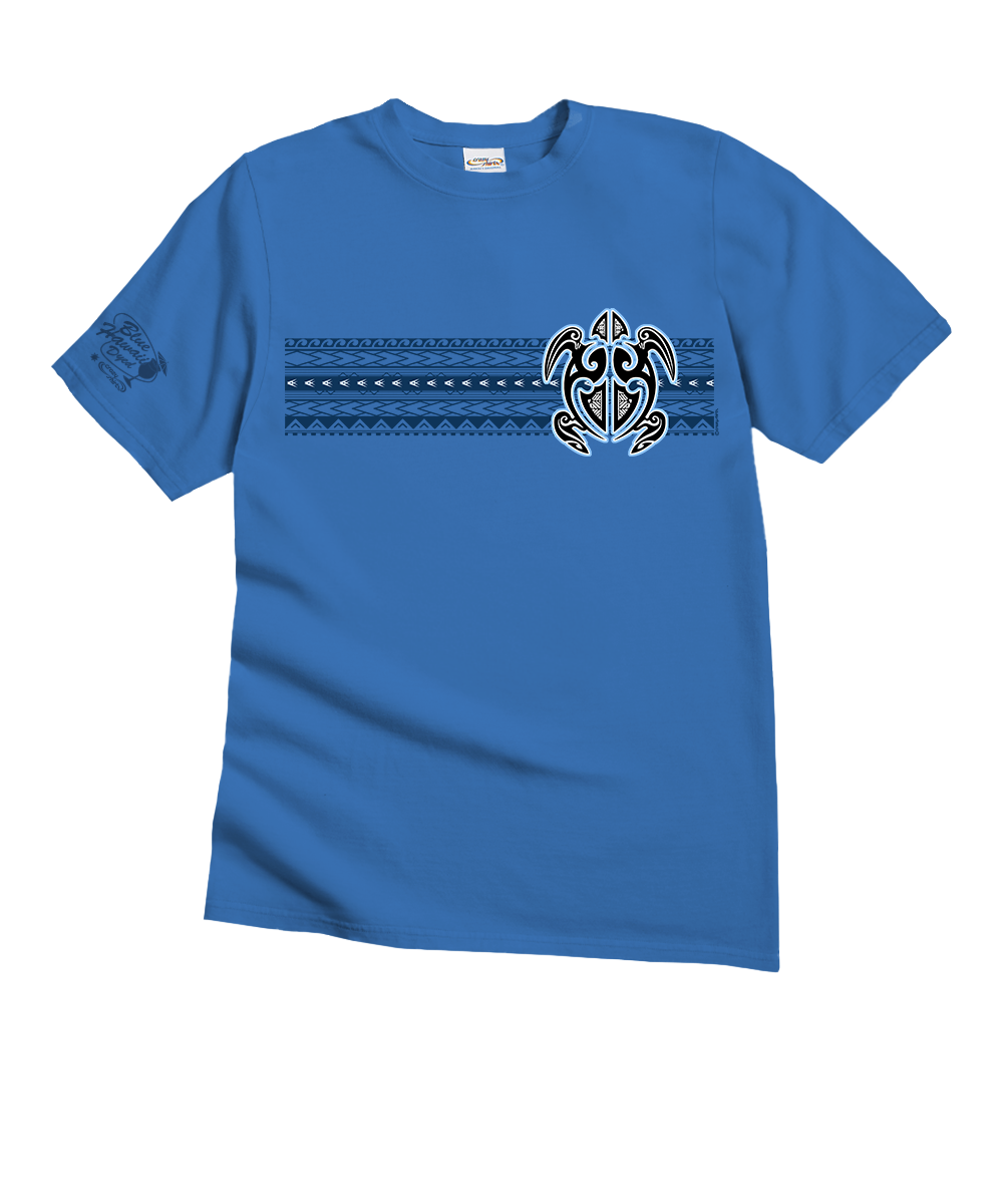 Blue t-shirt with a tribal design on a white background View 1