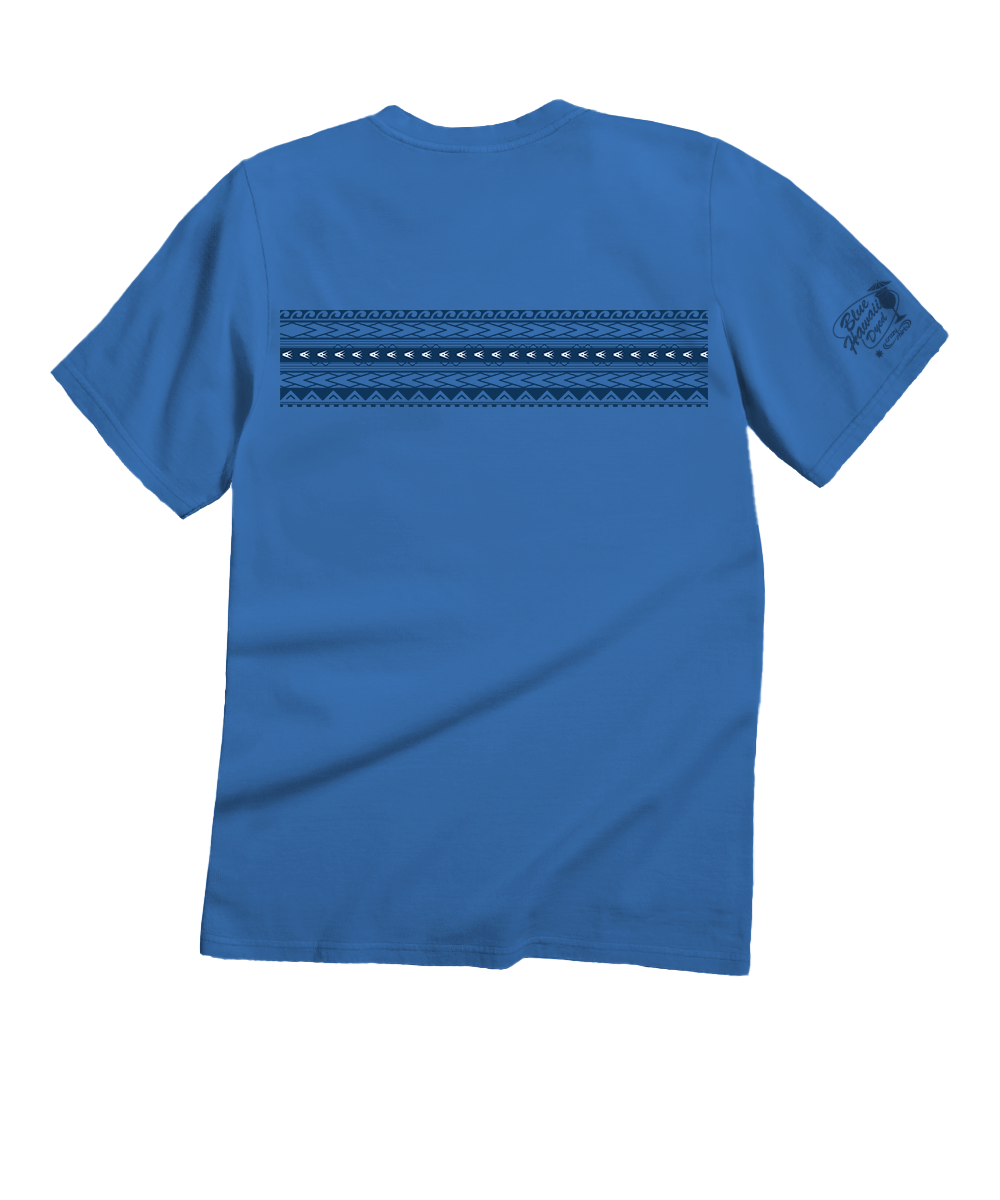 Blue t-shirt with geometric pattern on the back against a white background View 4