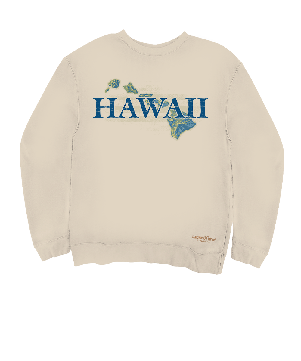 White sweatshirt with 'HAWAII' text and map design on a white background View 1