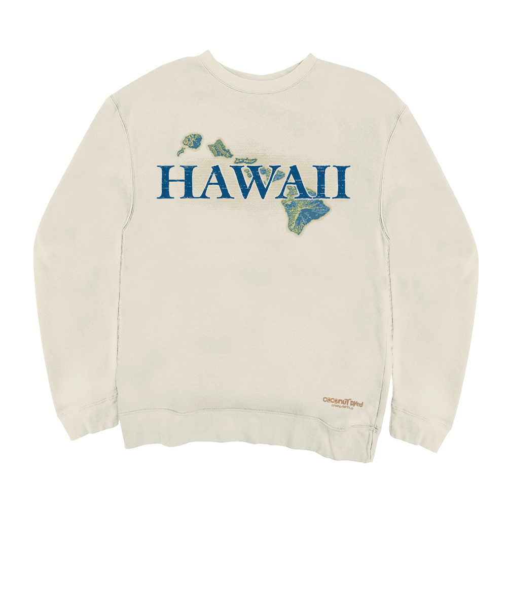 White sweatshirt with 'HAWAII' text and map design on a white background View 1