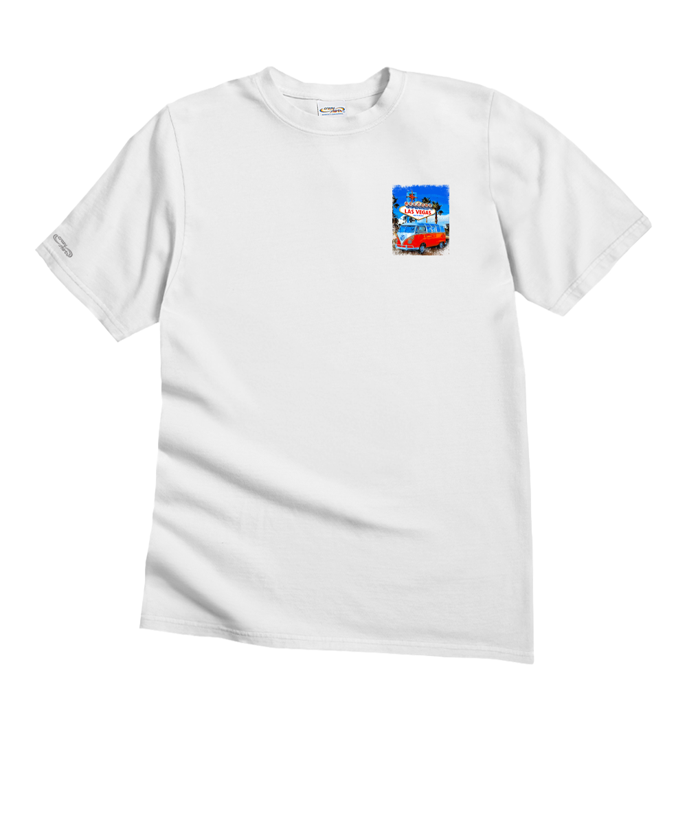 White t-shirt with a small colorful graphic on the chest on a white background View 4