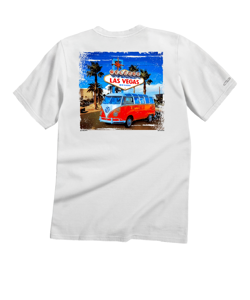 White t-shirt with a colorful graphic of a van and Las Vegas sign on the back. View 1
