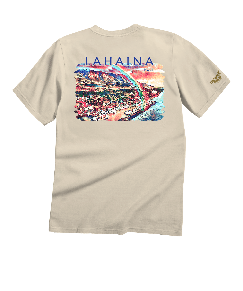 Beige t-shirt with a colorful graphic and 'Lahaina Maui' text on the back.
