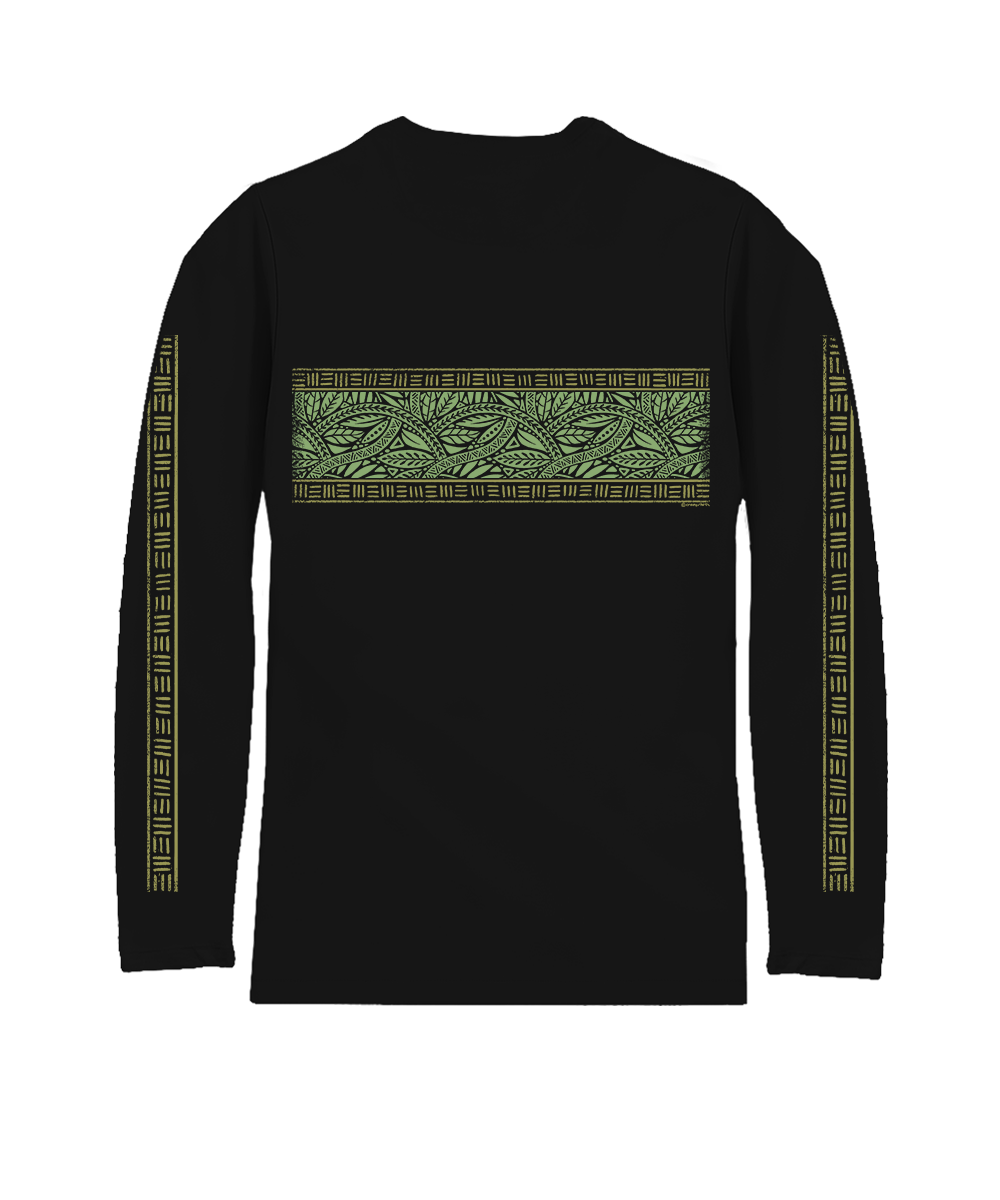 Black long-sleeve shirt with green pattern on a white background View 4