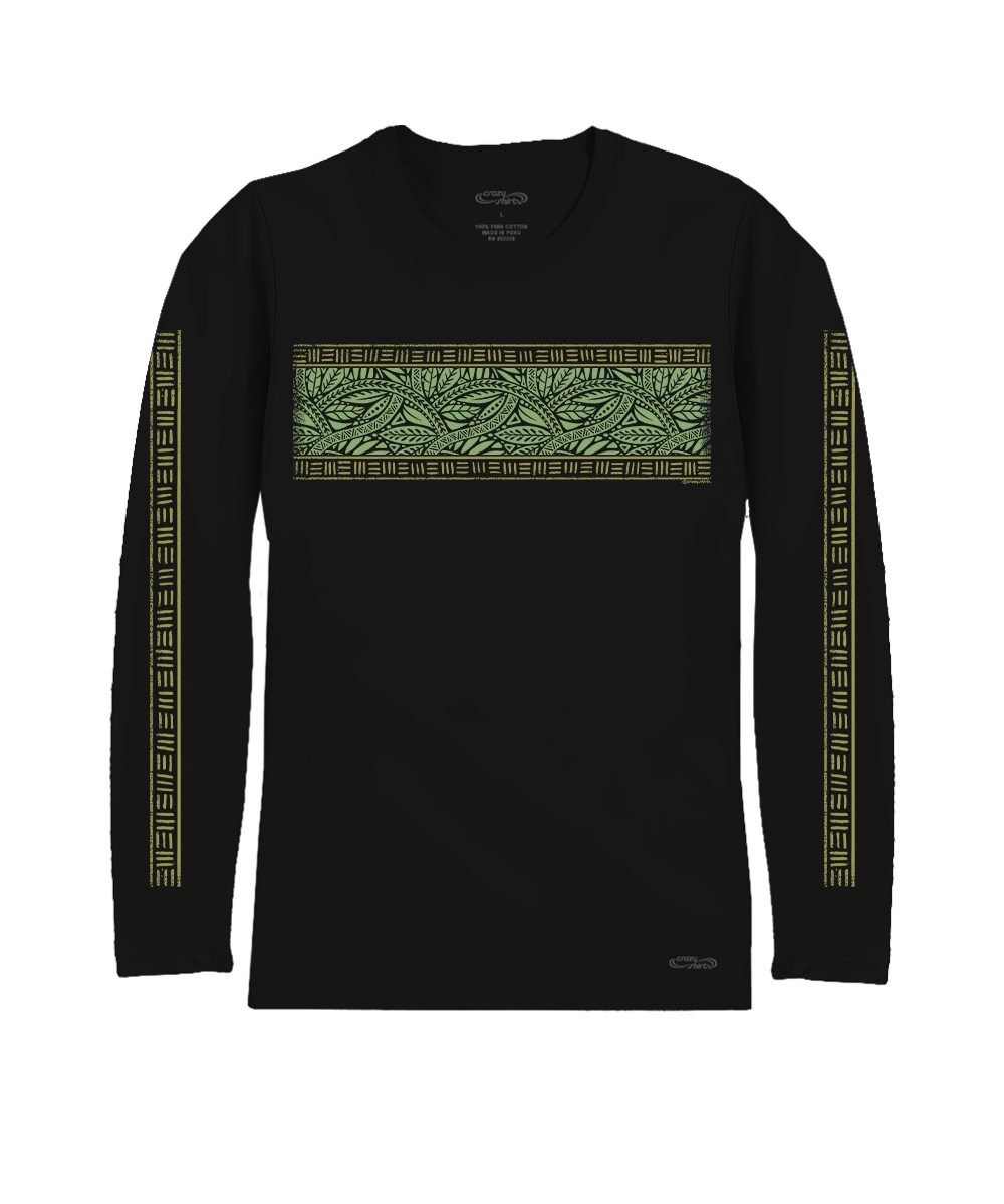 Black long-sleeve shirt with green and white pattern on a transparent background View 1