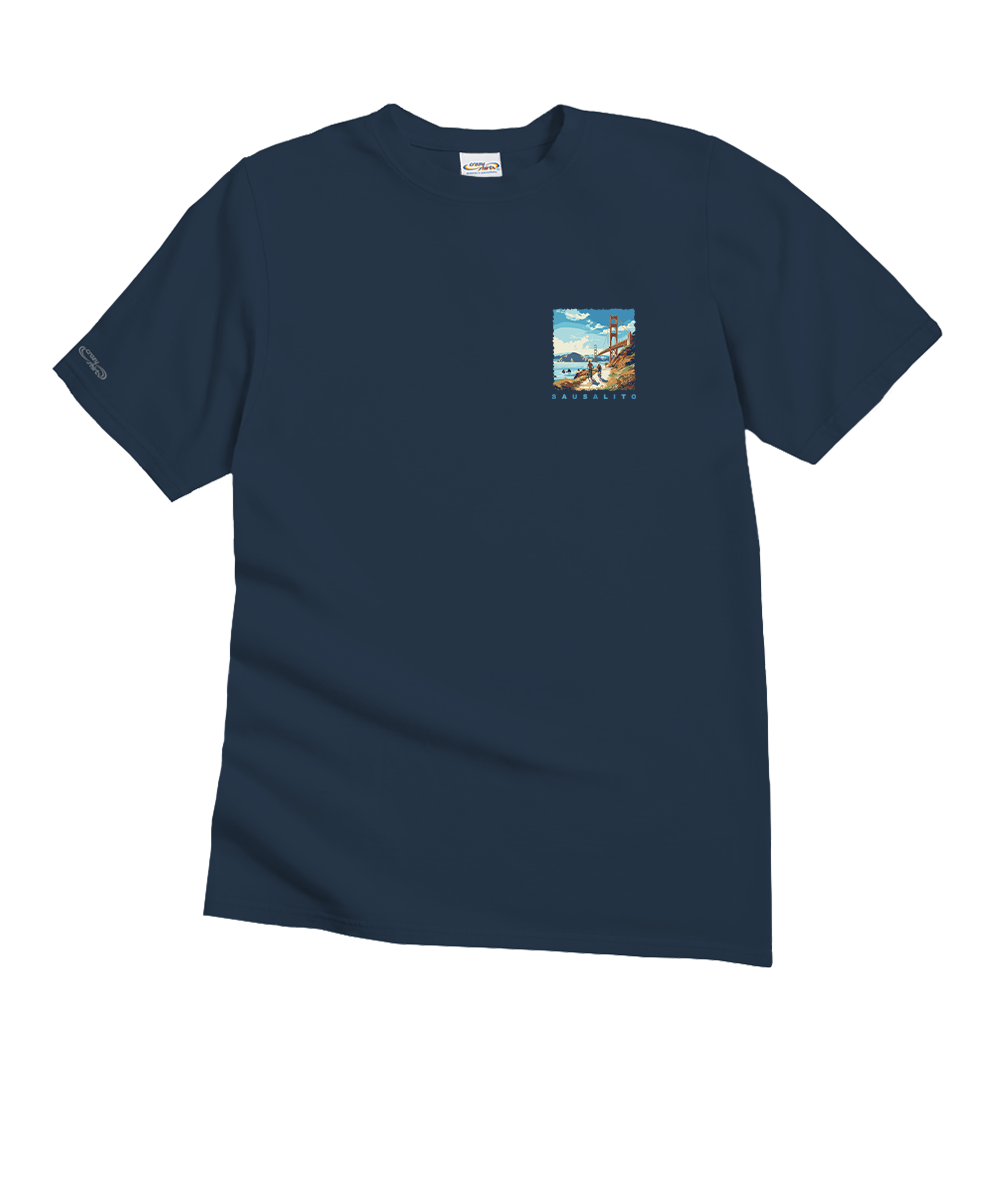 Navy blue t-shirt with a small colorful graphic on the chest on a white background View 4