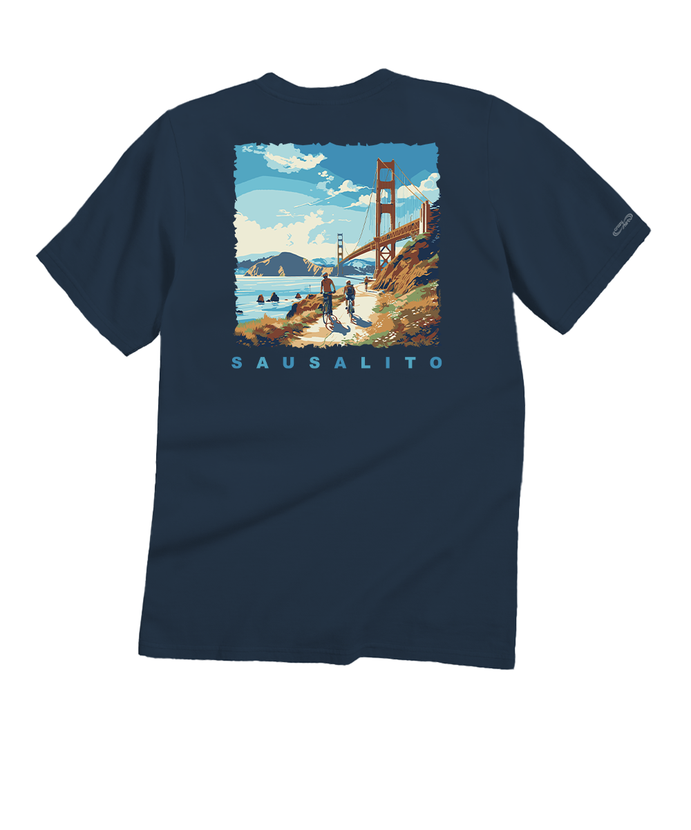 Navy blue t-shirt with a graphic of the Golden Gate Bridge and 'Sausalito' text on a white background View 1